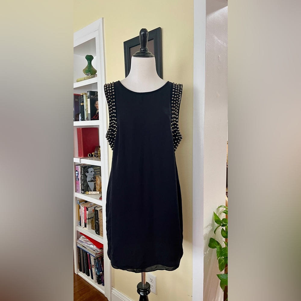 vintage Haute Hippie Dress Black Shift Mini Sleeveless Silver Spike Trim L 2000s - Picture 4 of 11